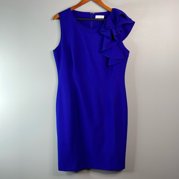 Calvin Klein Shoulder Ruffle Dress Royal Blue Form Fitting Knee Length Midi 12 - Picture 11 of 11